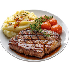 Delicious grilled steak served with creamy mashed potatoes and roasted tomatoes on a white plate garnished with fresh thyme sprigs on transparent background