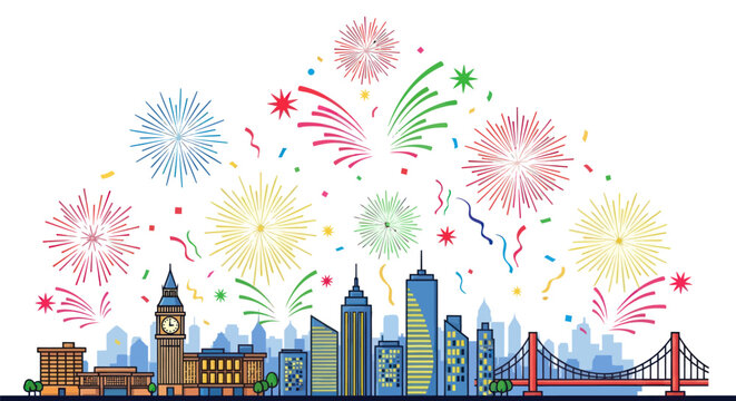 Colorful fireworks explode over a composite global city skyline with famous landmarks during a festive celebration.