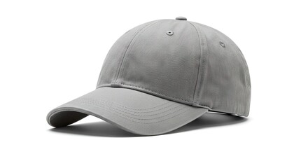 Fototapeta premium A plain grey baseball cap with a curved brim and subtle fabric texture positioned on a white background with a soft shadow