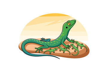Adorable Cartoon Green Lizard with its Babies basking on a rock in desert setting, charming illustration perfect for children's books.