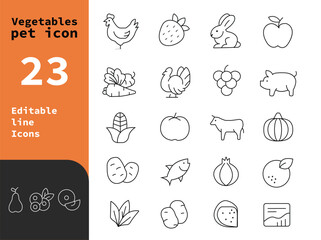 Collection of Line Art Icons Featuring Various Vegetables Fruits and Animals with a Clean Modern Design Aesthetics