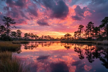 A vibrant sunset reflecting on a still body of water