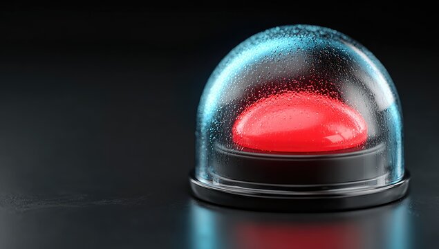 Red button, encased in a glass dome, dark background - Powered by Adobe