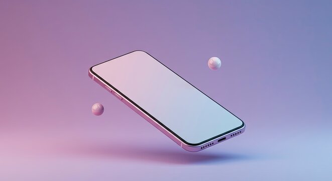 A modern mobile device with a blank screen floats above a surface with two reflective spheres on a soft purple and pink gradient