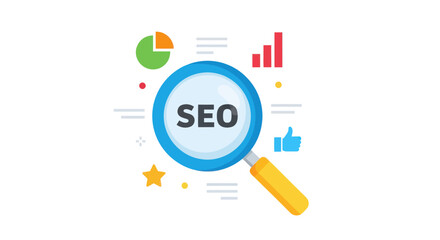 SEO Optimization Magnifying Glass with Charts and Icons.