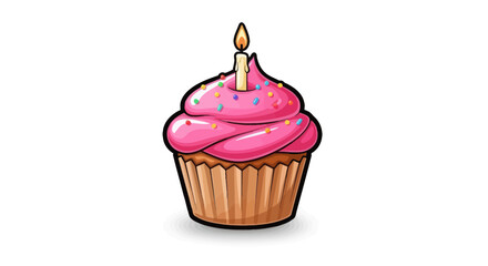 A single pink frosted cupcake with a lit birthday candle on top.