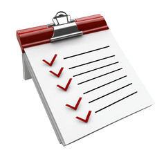 Checklist on a clipboard with red check marks indicating completed tasks ideal for project management todo lists and task tracking applications on transparent background