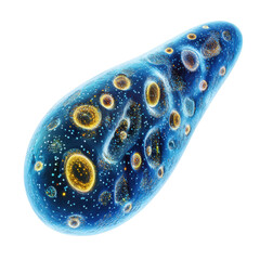 Microscopic view of a paramecium cell with visible organelles and internal structures in a blue and gold color scheme showing biology on transparent background