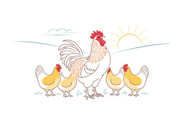 Rooster and Hens Vector Illustration: Farm Animals in a Rural Setting with Sunrise, Perfect for Poultry or Agriculture Concepts.