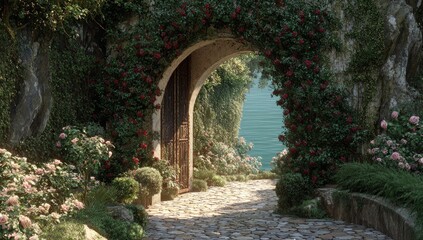 Scenic garden archway to sea