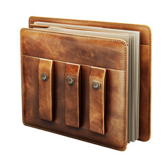 Stylish leather portfolio with documents showcasing professional organization and a classic design aesthetic perfect for business or creative professionals on transparent background