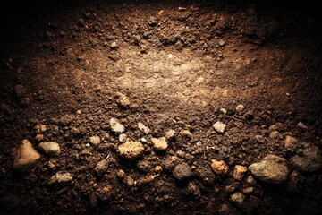 Close-up view of rich, earthy soil with rocks