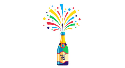 Festive Champagne Bottle with Colorful New Years Fireworks.
