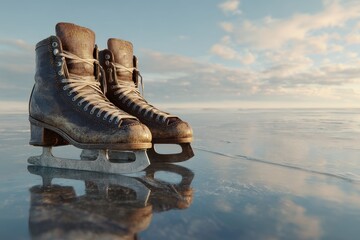 Vintage brown leather ice skates resting on a smooth, frozen lake with reflections.