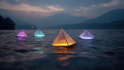 Illuminated pyramid lanterns on a lake at twilight (1)
