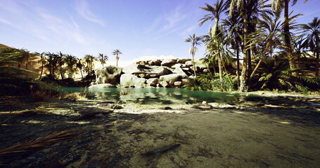 A tranquil oasis is nestled in a desert setting, featuring a serene body of water. Lush palm trees provide shade and enhance the natural beauty of the area during daylight hours.