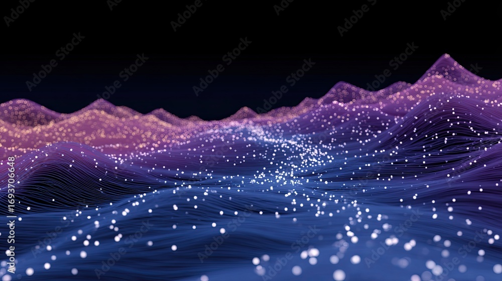 Poster abstract digital landscape with glowing particles and interconnected nodes, representing data flow a