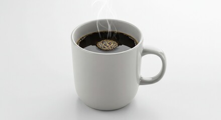 A white ceramic mug holds dark coffee with a central cluster of bubbles and rising steam on a plain white surface
