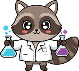 Adorable cartoon raccoon scientist in lab coat holding colorful chemical flasks, cute animal science vector illustration for kids and education
