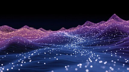 Abstract digital landscape with glowing particles and interconnected nodes, representing data flow and network connections in a futuristic digital realm.