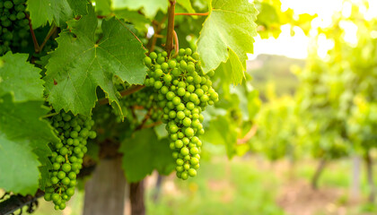 Unripe green grapes hanging from vine plant with sunlight in vineyard