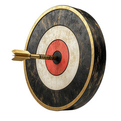 Golden arrow hits the bullseye on a rustic target with black white and red concentric circles symbolizing accuracy success and achievement in business on transparent background