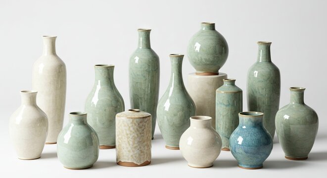 An array of glazed ceramic vases in soft muted tones and diverse forms against a plain white background