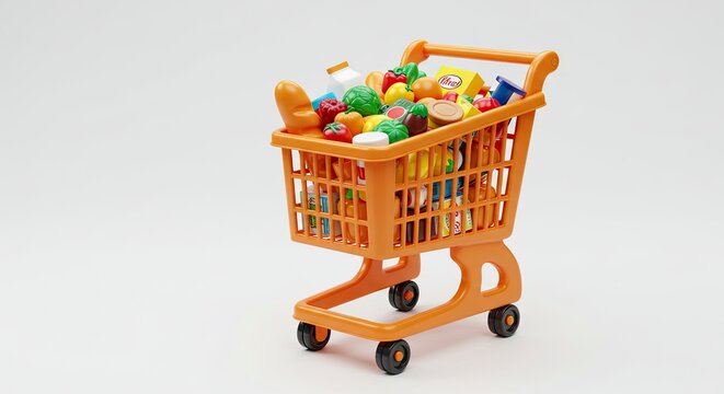 An orange miniature shopping cart full of colorful toy food items like fruits vegetables bread and packaged goods stands on a light background