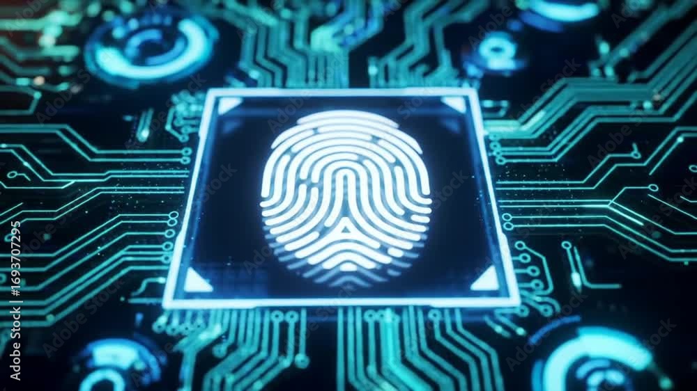 Poster glowing fingerprint on circuit board network authentication technology