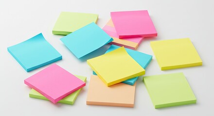 Colorful square paper pads in various shades of blue pink yellow green and orange are scattered on a white surface
