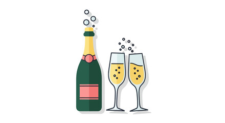Illustrated Champagne Bottle and Two Flutes with Bubbles.