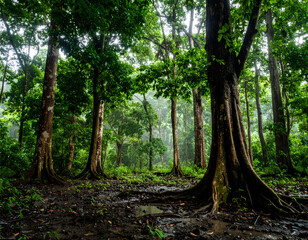 Fototapeta premium Verdant forest scene with towering trees and extensive root systems