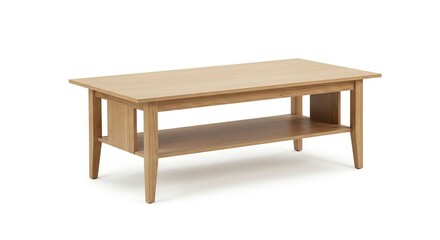 Fototapeta premium Light brown wooden rectangular coffee table with a lower shelf presented against a clean white background