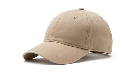 Fototapeta premium Light brown fabric cap featuring a curved brim visible top button and six panels isolated on a white background with a shadow
