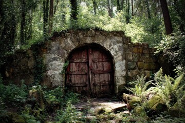 Overgrown stone archway hides weathered wooden door in lush forest
