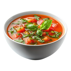 Bowl of fresh tomato soup garnished with basil leaves a vibrant and healthy dish perfect for lunch or dinner studio shot on transparent background