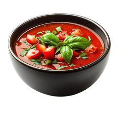 Fresh tomato soup with basil in a black bowl a vibrant and healthy dish perfect for lunch or dinner showcasing culinary artistry and simple ingredients on transparent background