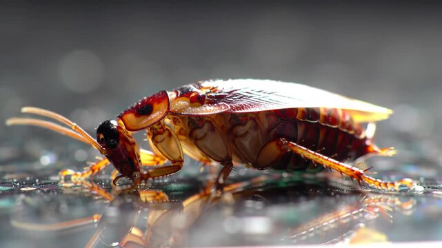 American Cockroach on Reflective Surface With Dark Background