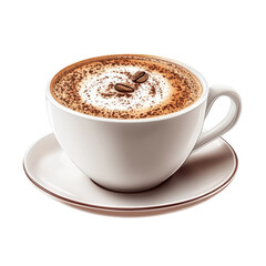 Cappuccino in a white cup with coffee beans on top showcasing latte art and a creamy texture perfect for coffee lovers and cafe aesthetics on transparent background