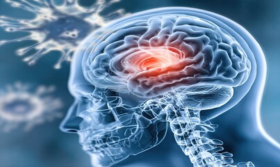 3D anatomical illustration of a head with brain and virus