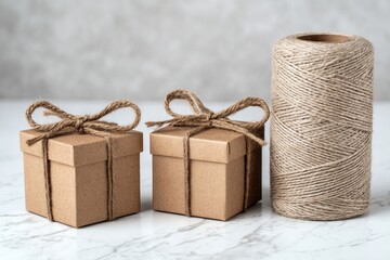 Three small brown cardboard boxes with twine bows, beside a roll of twine, on a marble surface