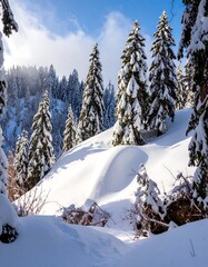Snowy mountain forest landscape