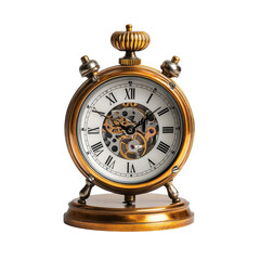 Antique gold clock with visible gears and roman numerals a vintage timekeeping device for decor showcasing intricate mechanical design and timeless elegance on transparent background