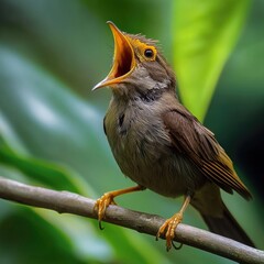 Close-up of a small bird with open beak, perched on a branch.  Its plumage is muted browns and grays, with hints of yellowish-orange on the head and tail.