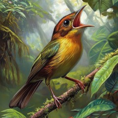 A vibrantly colored bird, perched on a branch, in a lush jungle setting.  Open beak, showcasing detail
