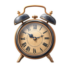 Vintage alarm clock with roman numerals and a golden frame showcases timeless design and classic timekeeping for retro aesthetics on transparent background