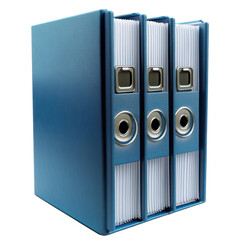 Three blue ring binders stand neatly in a row ideal for office organization and document management showcasing efficiency and a professional workspace on transparent background