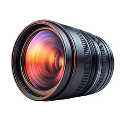 Professional camera lens with a vibrant orange and purple reflection against a showcasing optical technology and photographic equipment on transparent background