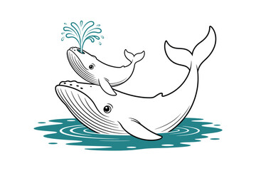 Whale Family: Mother and Baby Whale in the Ocean, Line Art Illustration with Teal Water and Spray, Aquatic Mammals in Natural Habitat