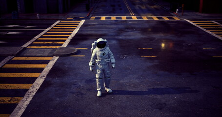 An astronaut in a white space suit walks along a deserted urban street at night. Streetlights illuminate the surroundings, creating a surreal atmosphere amidst the city. © icetray